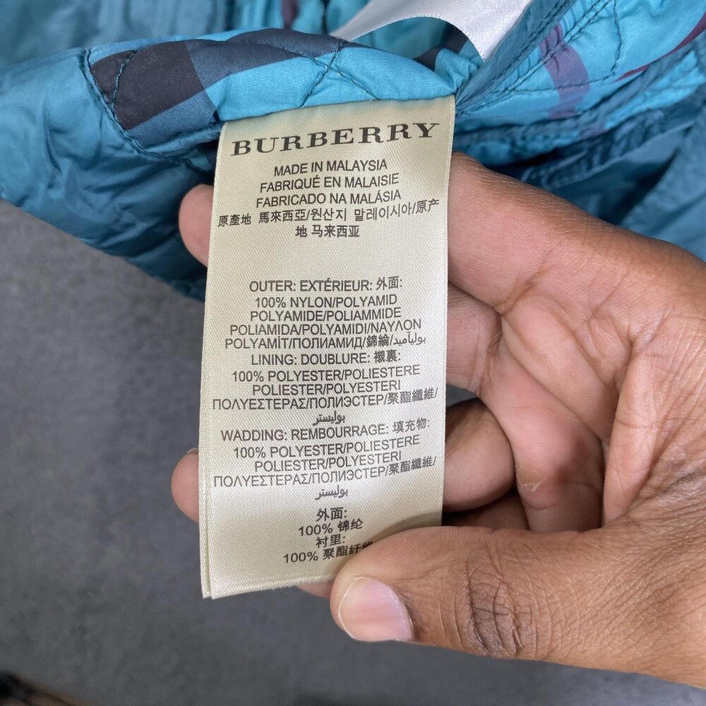 Burberry Brit Jacket Womens Small Teal Quilted Hooded Nylon Full Zip Plaid Lined - Picture 11 of 16